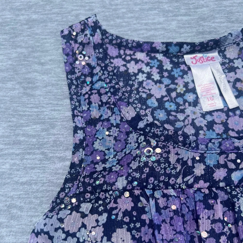Justice girls size 16 purple floral glitter tiered ruffles tie back tank‎ top